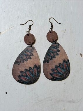 Wood Teardrop Floral Earrings in Brown and Teal boho dangle